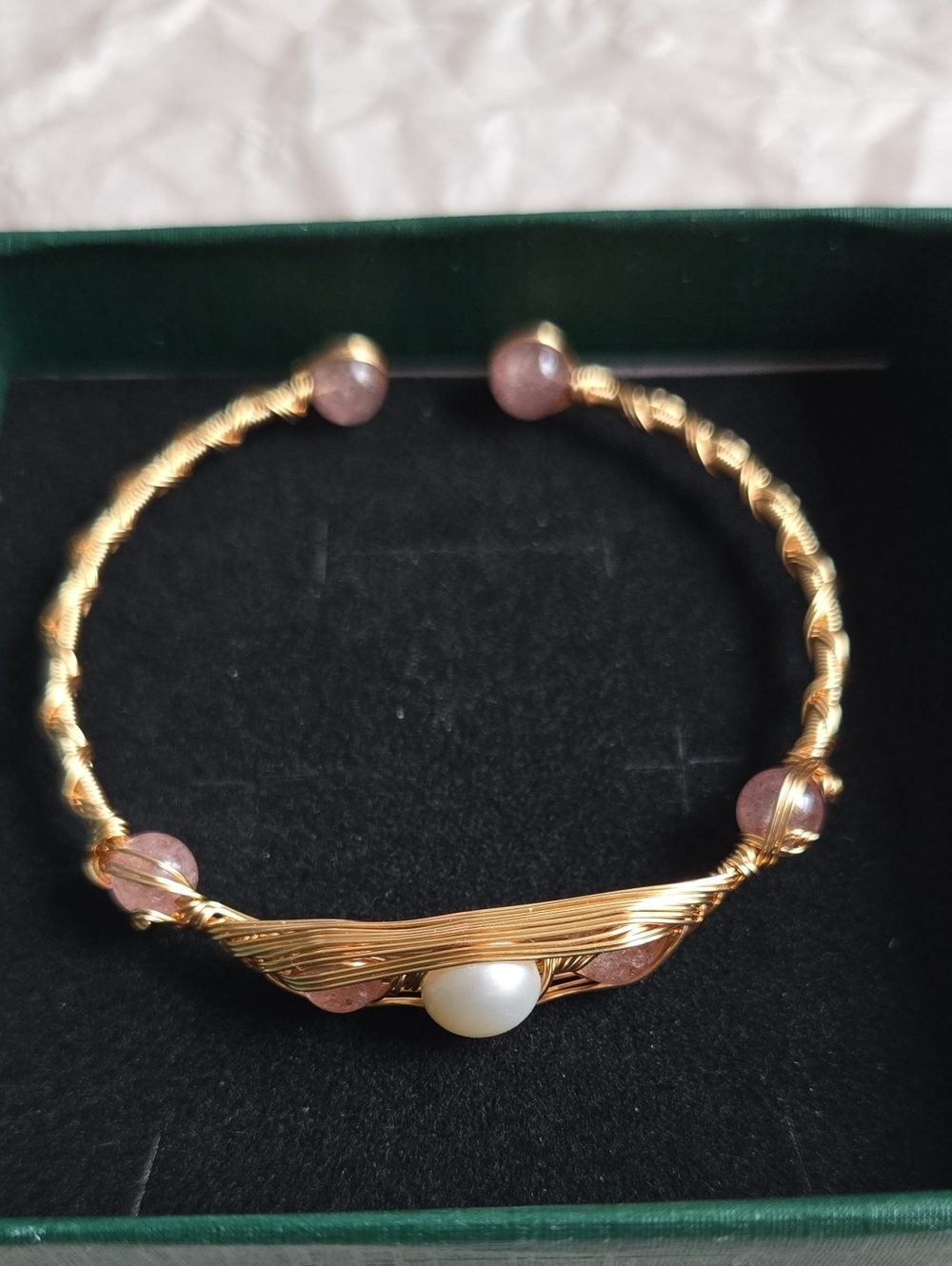 Gold-Tone Wire White Pearl Bracelet with Rose Bead Accents